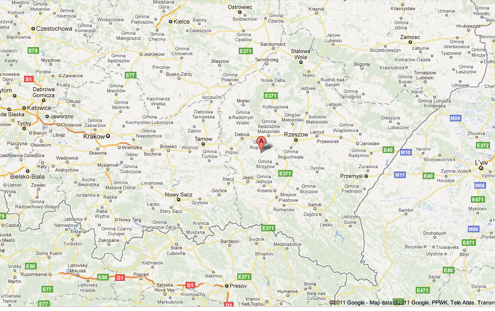 Maps from Rzeszow to Katowice Muchowiec