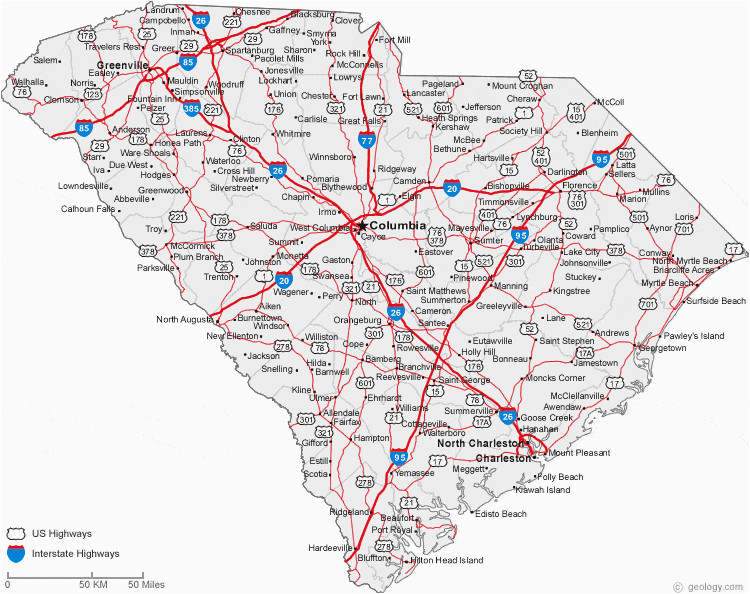 Road Map of North and South Carolina