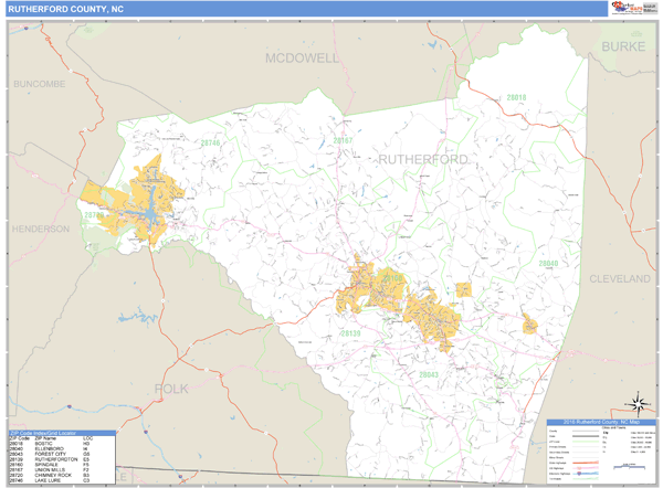 Rutherford County, North Carolina Zip Code Wall Map
