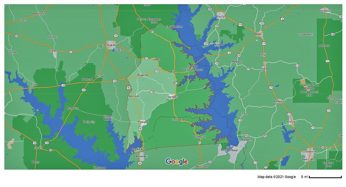 Map of Sabine County by 254 Texas Courthouses