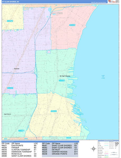 St. Clair Shores Michigan Wall Map (Color Cast Style) by MarketMAPS